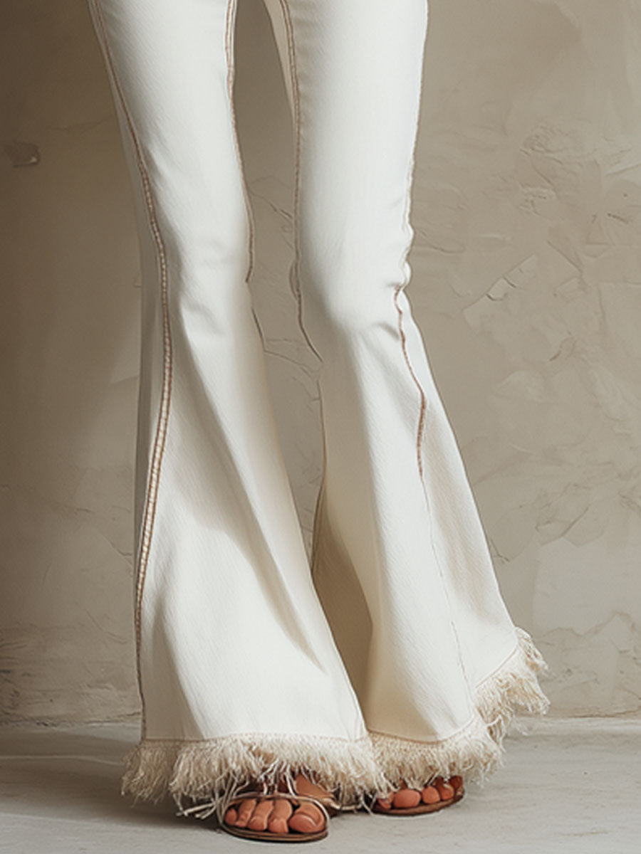 White Frayed-Hem Flared Jeans