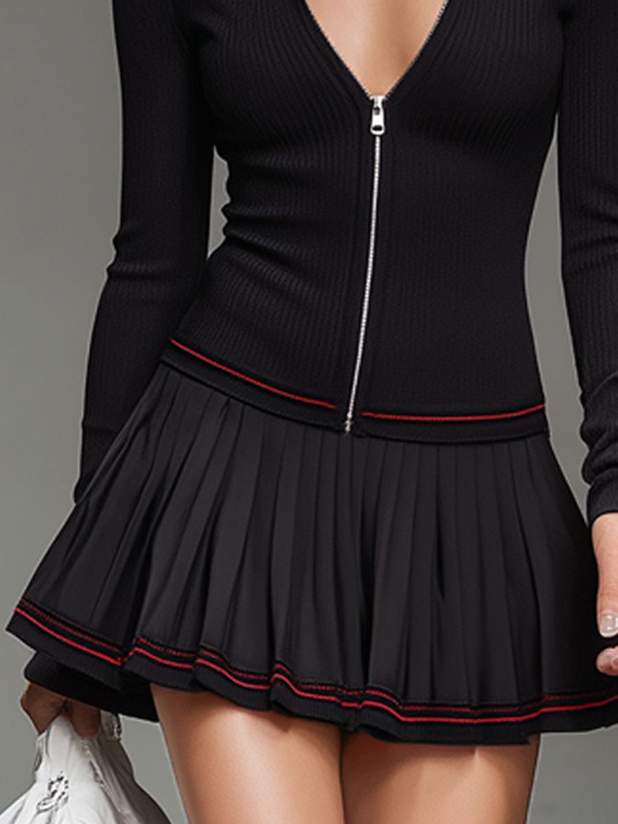 Contrast Hem Long Zip-up Top and Pleated Skirt Sports Suit