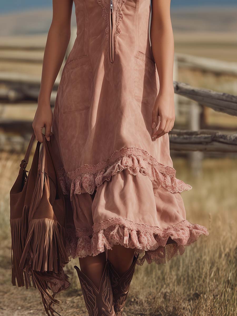 Vintage Western Lace V-Neck Front Zipper Ruffled Hem Light Pink Faux Suede Midi Dress
