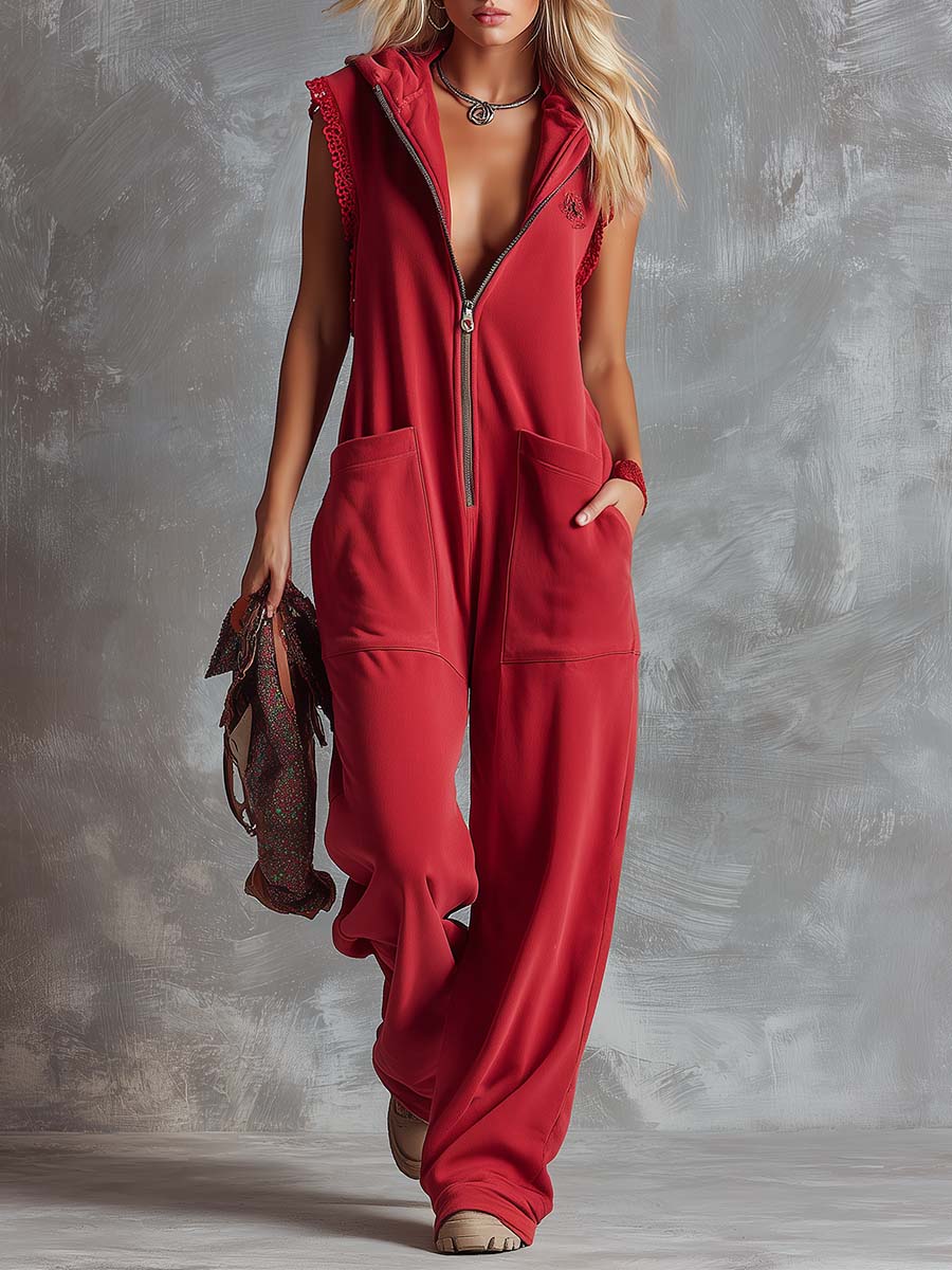 Retro Fashion Sporty Hooded V-neck Front Zipper Raspberry Red Cotton Jumpsuit
