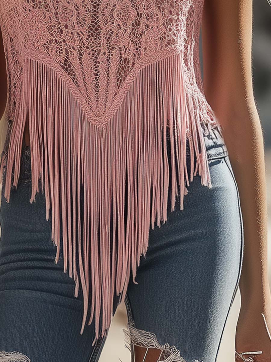 【24-hour shipping out】Retro Exquisite Western Style V-Neck Tassel Pink Lace Top