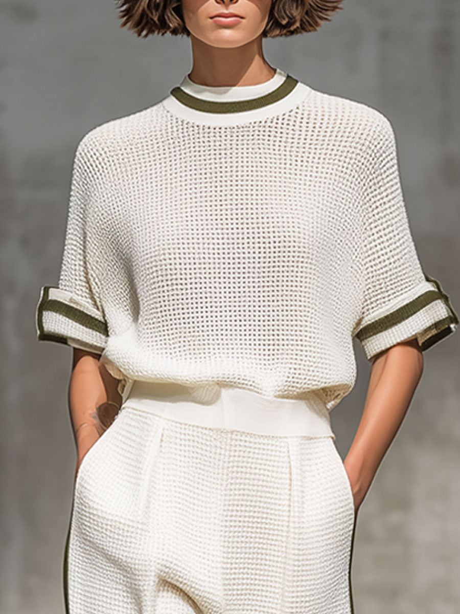 Vintage-Trimmed White Knitted Mesh Short-Sleeved Shirt and Wide-Leg Trousers Set