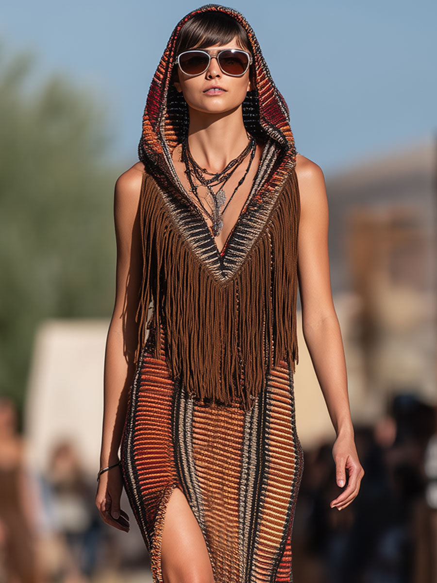 【24-hour shipping out】Western Retro Colourful Striped Knitted Tassel Hooded Slit Maxi Dress