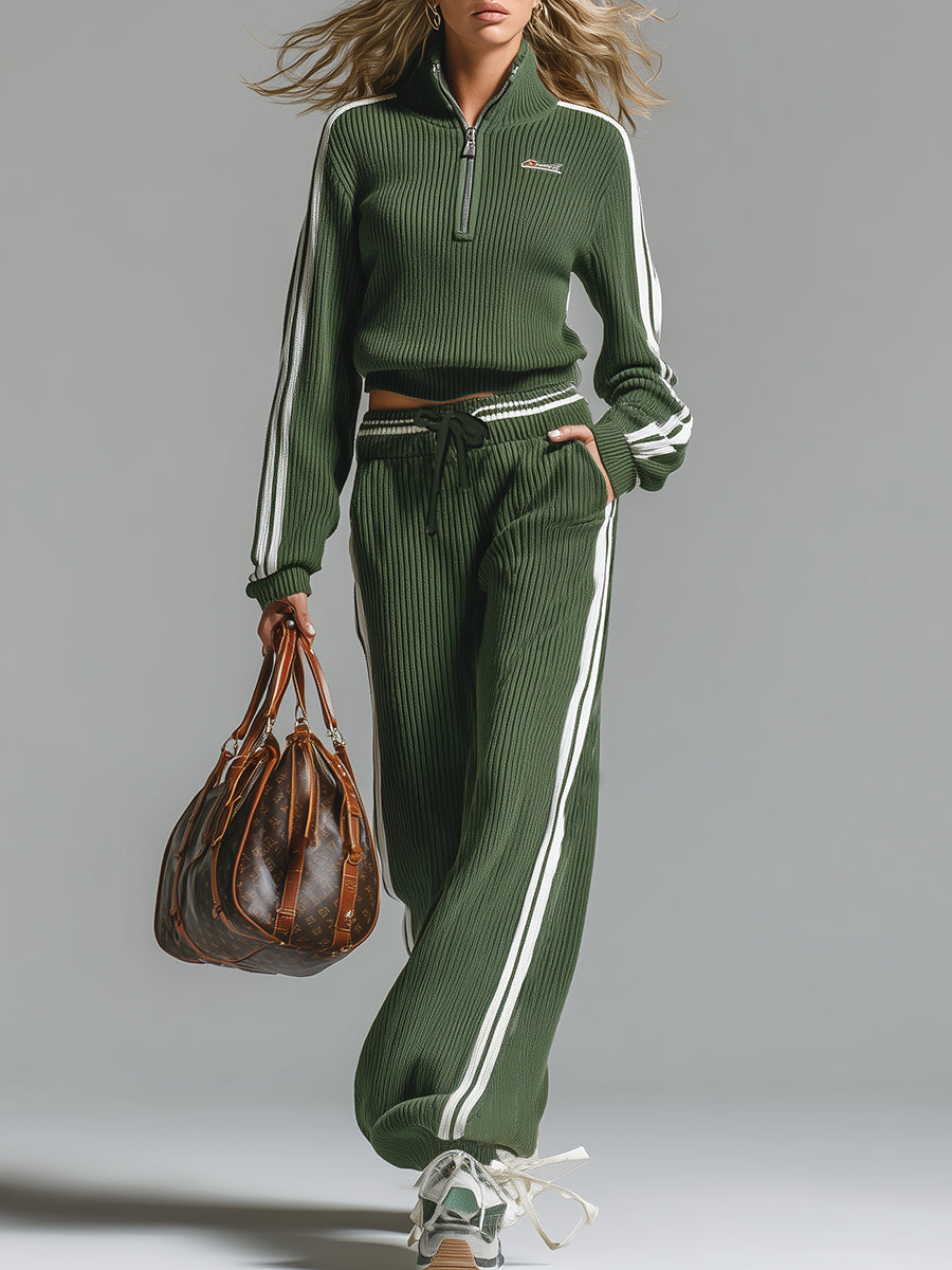 Retro Casual Green Sports Half-zip Knitted Sweater And Trousers Set
