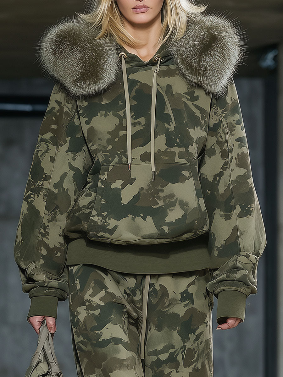 Casual and Fashionable Camouflage Print Faux Fur Collar Sweatshirt and Wide-Leg Pants Suit