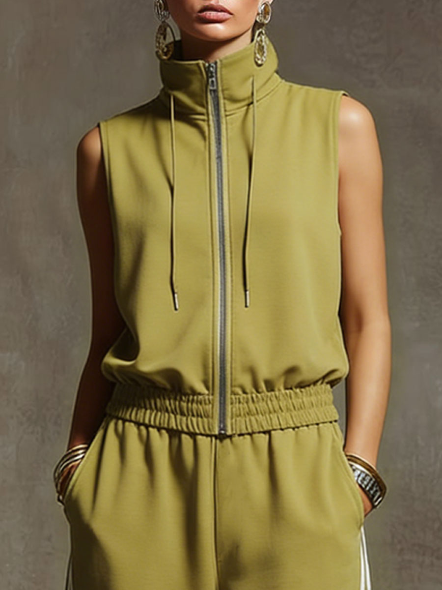 Casual Retro Sporty Yellow-Green Cotton Sleeveless Sweatshirt and Balloon Pants Set