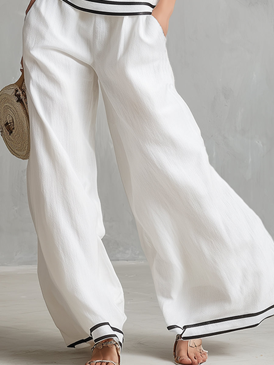Elegant Minimalist Trimmed White Cotton Linen Halter Neck Top and Wide-leg Pants Set