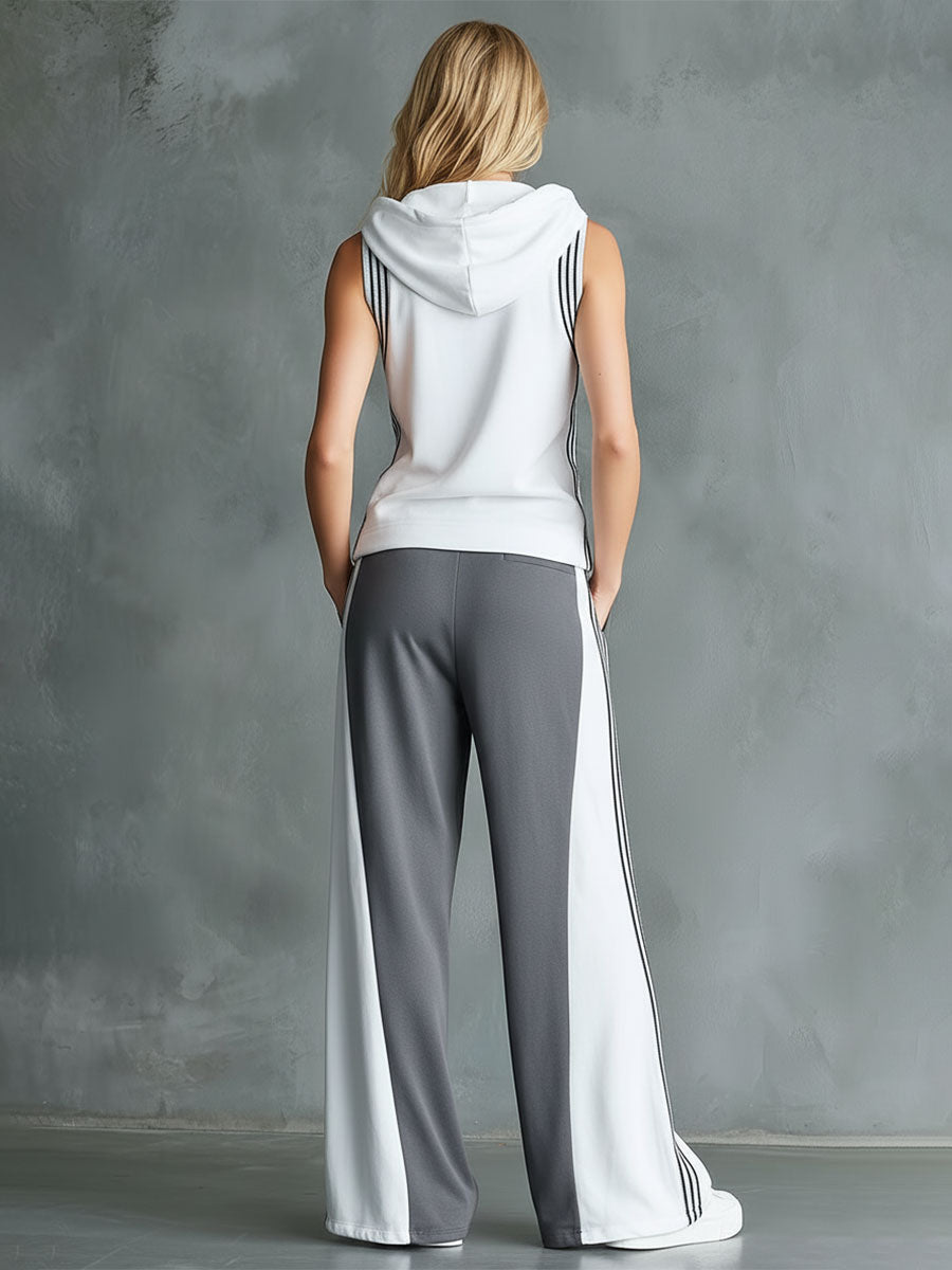 Casual Sporty Colour-Block Hooded Sleeveless Top And Wide-Leg Trousers Set