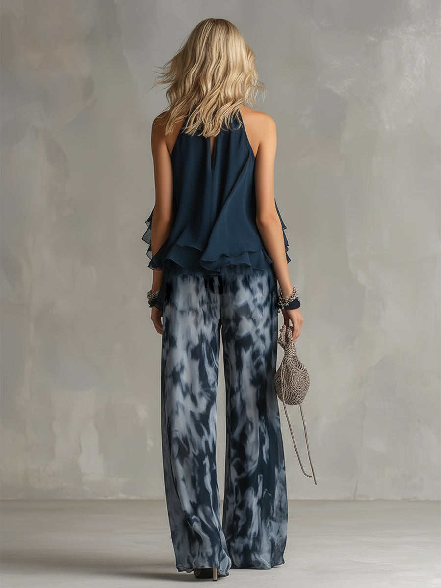 Elegant Urban Navy Blue Halter Neck Top and Printed Wide-leg Pants Chiffon Set
