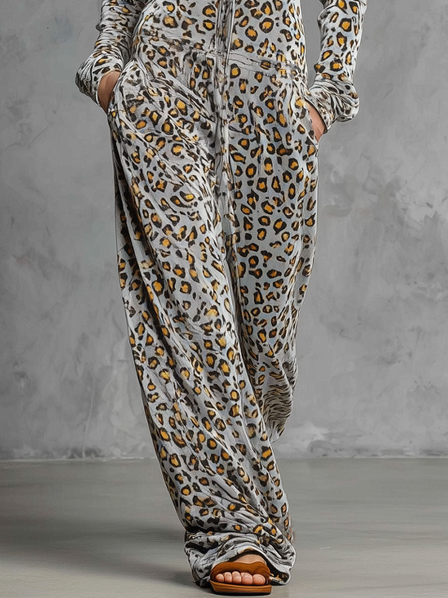 Casual Retro Grey Velvet Leopard Print Hooded Sweatshirt Wide-Leg Jumpsuit