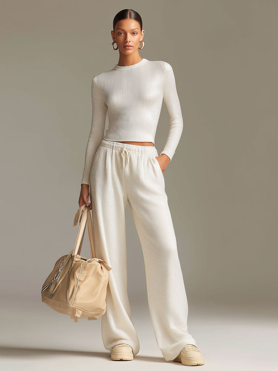Fashionable Sporty White Knit Ribbed Crew Neck Top and Wide-leg Trousers Set
