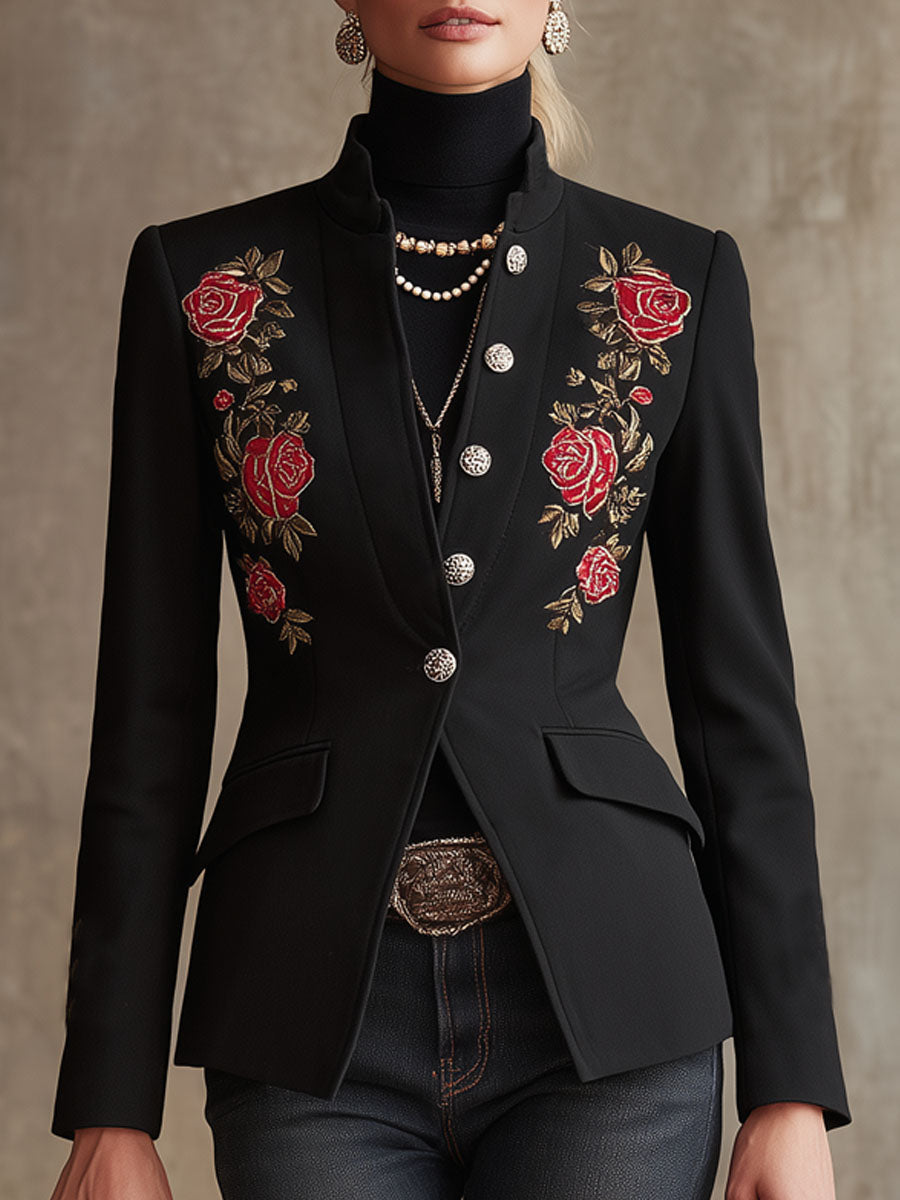 Stand Collar Single-breasted Rose Embroidered Wool Blazer
