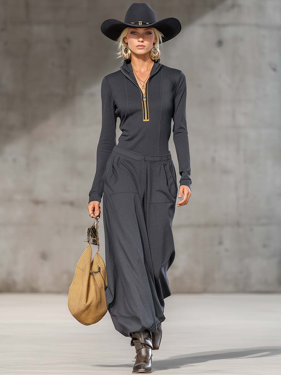 Casual Retro Sports Dark Grey Half-High Collar Front Zipper Long-Sleeved Top and Wide Trousers Set