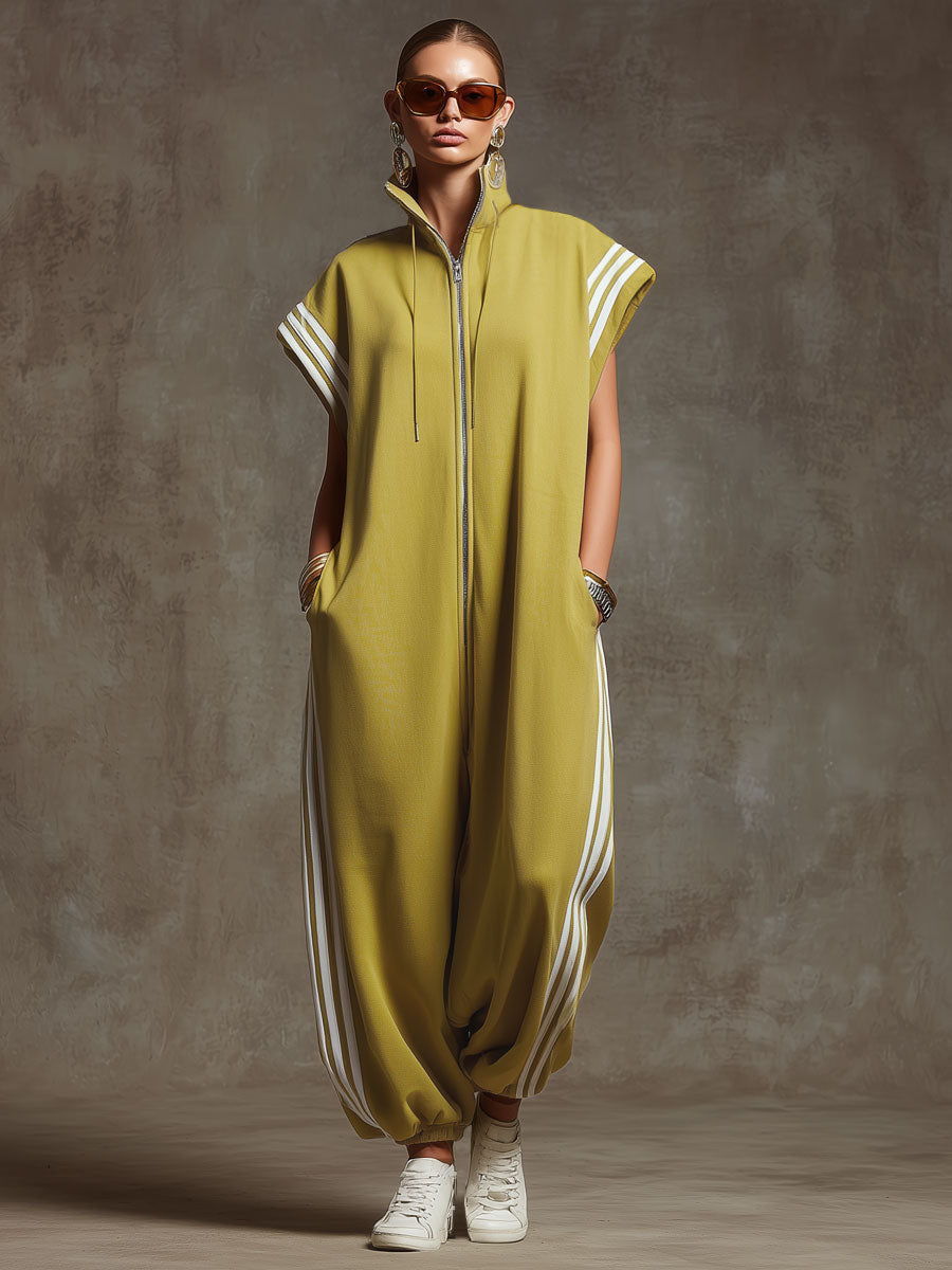Casual Sports White Webbing Yellow-Green Sleeveless Jumpsuit