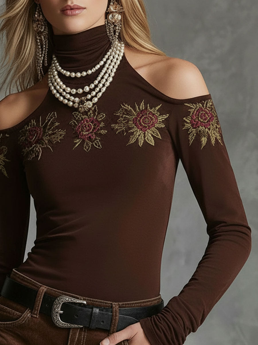High-neck Off-shoulder Rose-embroidered All-cotton Long-sleeved T-shirt
