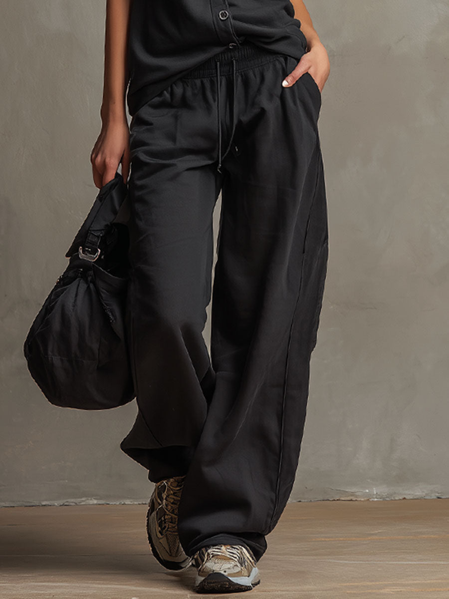 Black Collared Button-Down Sleeveless Top and Trousers Set