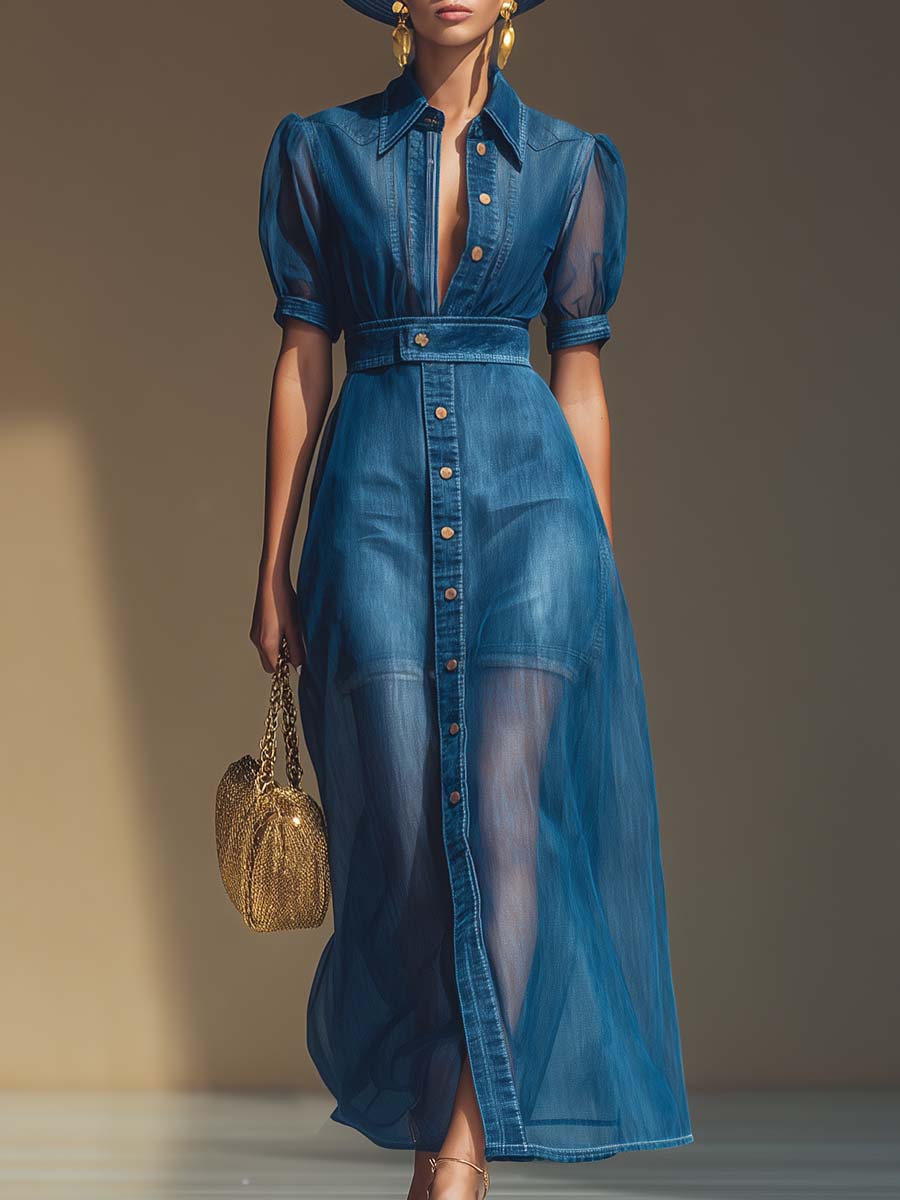 Exquisite Fashionable Front Button V-neck Short-sleeved Organza Overlay Blue Denim Maxi Dress