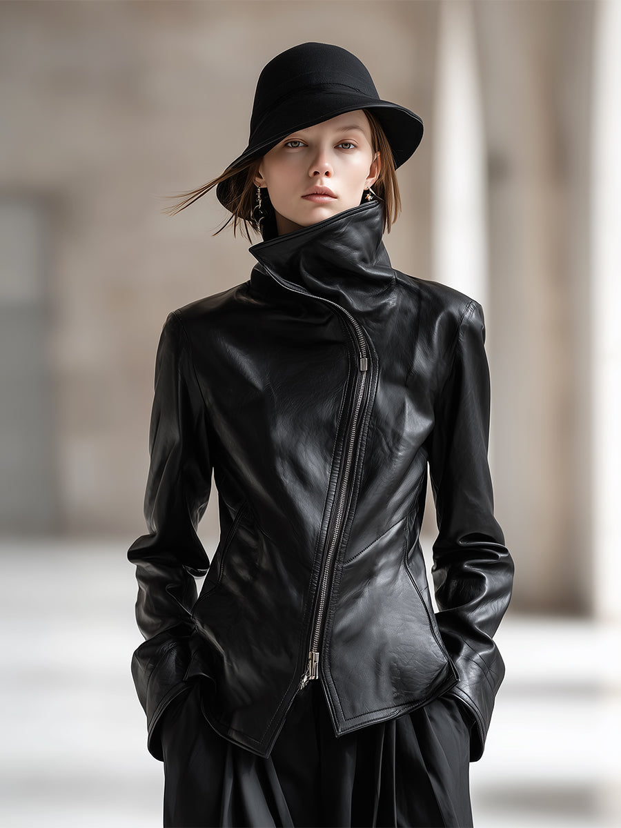 Personality and Fashion High Collar Oblique Zipper Black PU Jacket