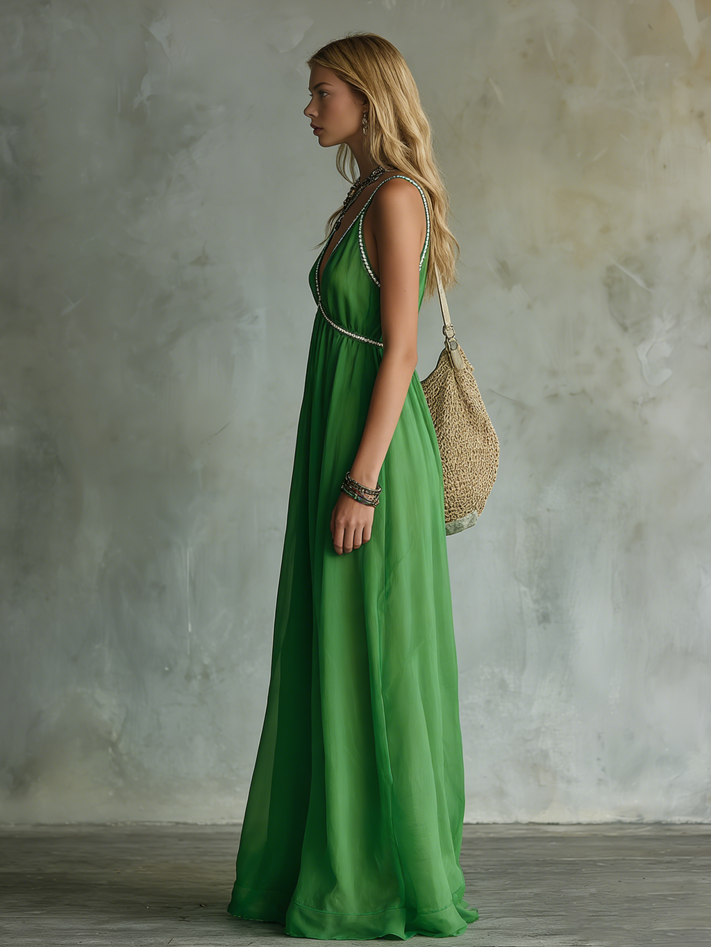 Elegant and Relaxed V-neck Sleeveless A-line Solid Colour Chiffon Long Dress