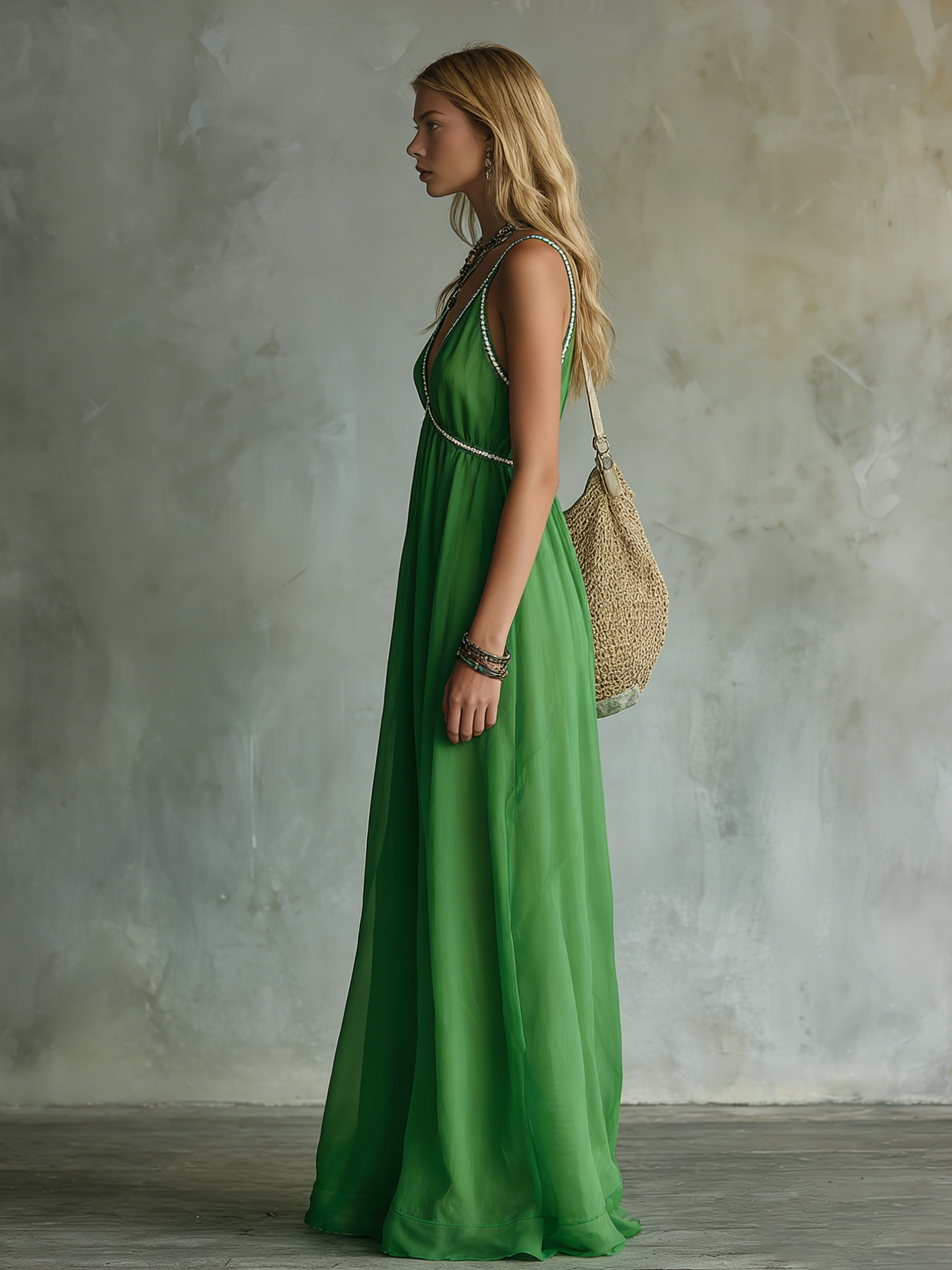 Elegant and Relaxed V-neck Sleeveless A-line Solid Colour Chiffon Long Dress