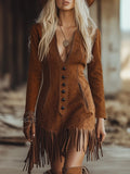 Western Style Tassel Brown Faux Suede Long Sleeve Mini Dress