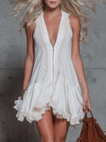 Vintage Western V-Neck Front Zipper and Lace Trim White Cotton-Linen Mini Dress