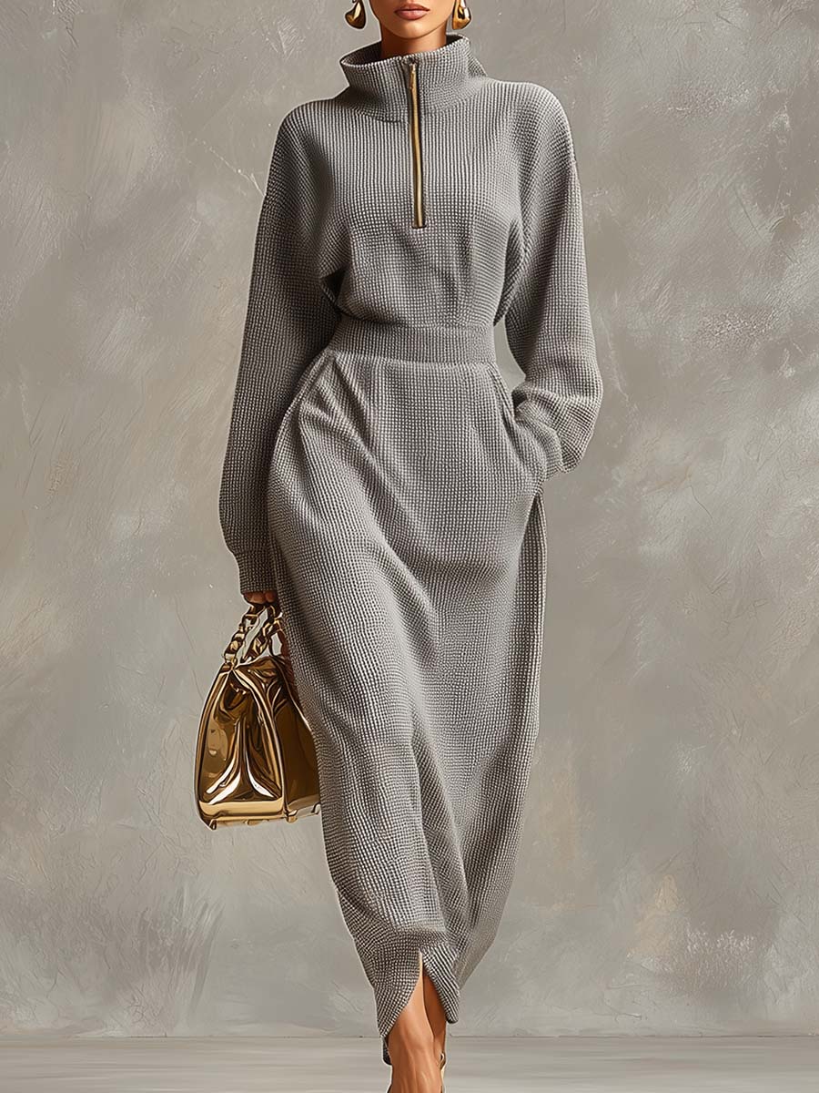 Exquisite Casual Lapel Front Zipper Long Sleeve Light Grey Waffle Fabric Maxi Dress