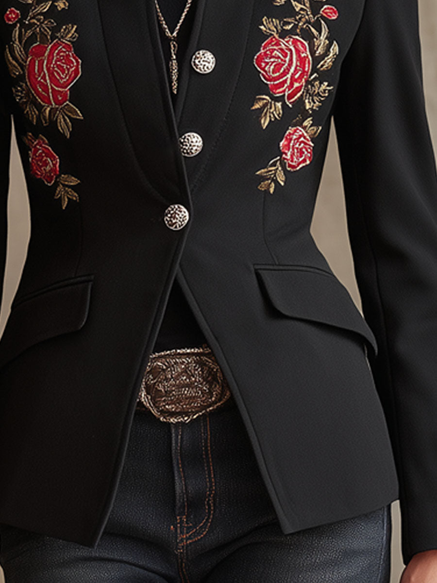 Stand Collar Single-breasted Rose Embroidered Wool Blazer