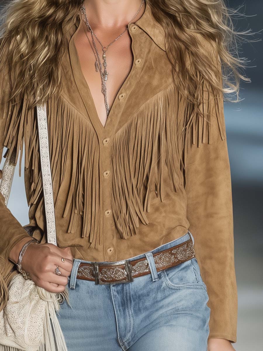Casual Vintage Western Button Front Tassel Long Sleeve Light Brown Faux Suede Shirt Top