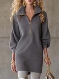 Exquisite Casual Lapel Front Zipper Three-quarter Sleeve Grey Waffle Mini Dress