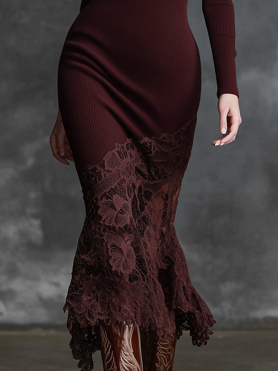 Simple and Elegant High-Neck Lace Hem Burgundy Knitted Maxi Dress