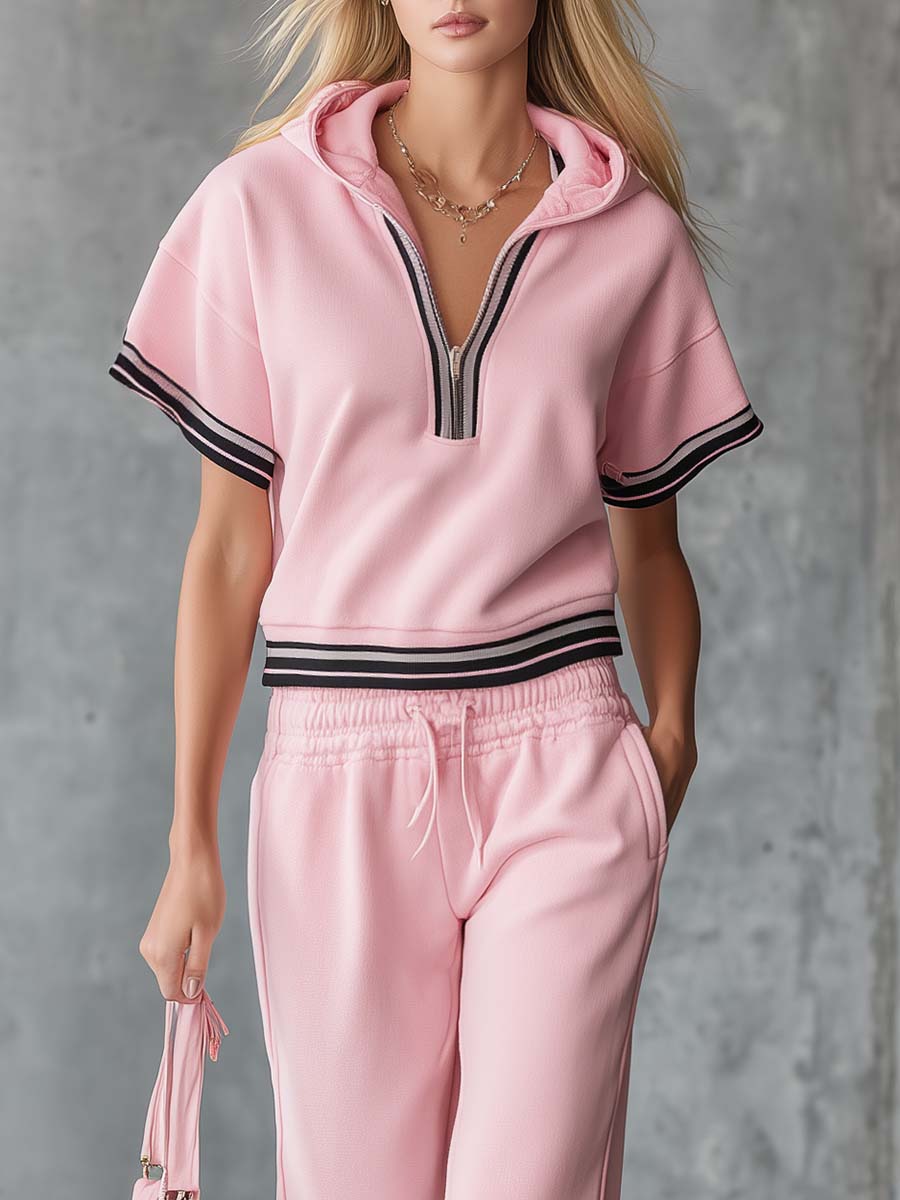 Elegant Fashion Sporty Hooded Front Zipper Short-sleeved Pink Cotton Top and Trousers Set