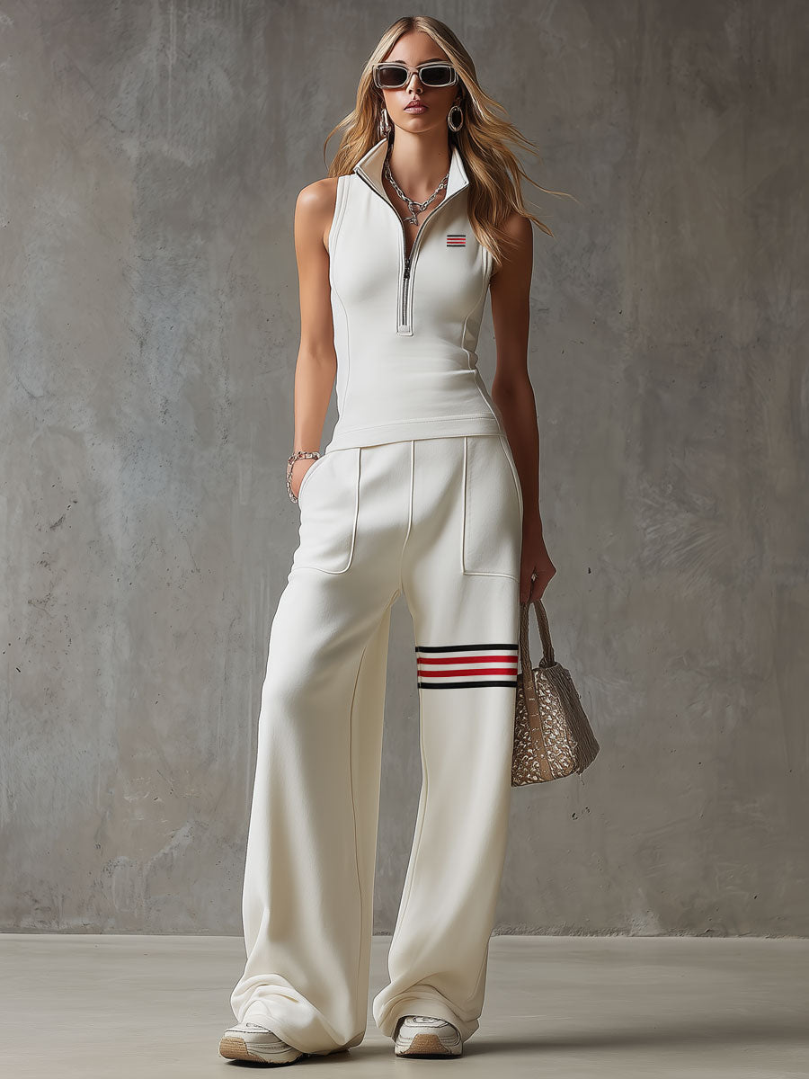 Sporty Retro White Striped Embroidered Sleeveless Vest and Wide-Leg Trousers Set