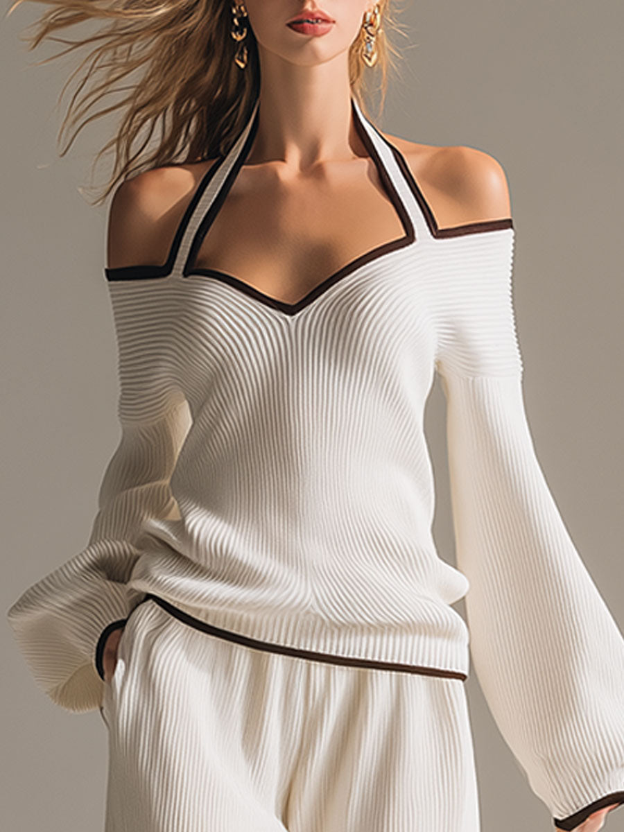 Elegant Colour-blocked White Halter-neck Long-sleeved Knit Top and Pants Set