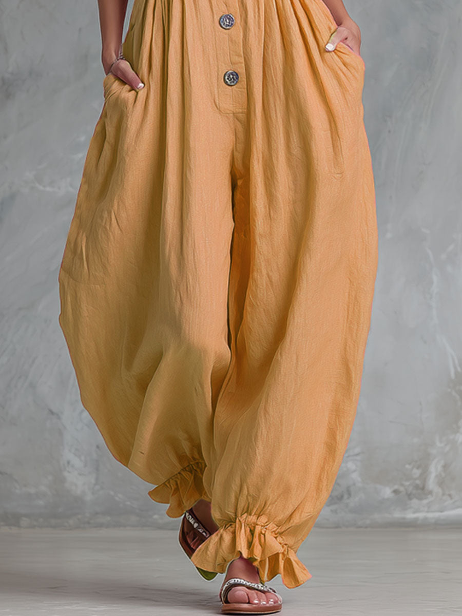 Loose-fitting Single-breasted Cotton-linen Sleeveless Jumpsuit