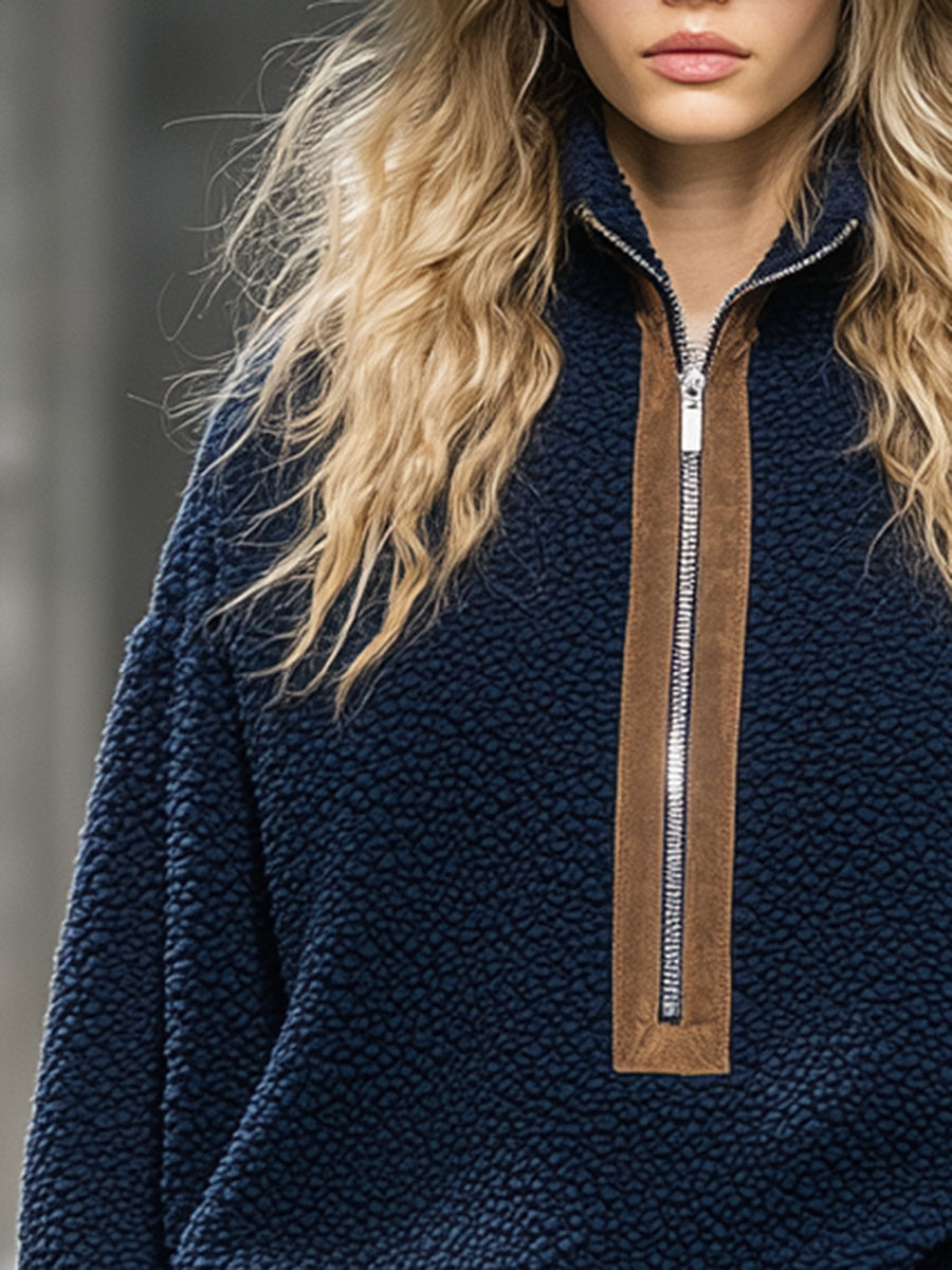 Retro and Fashionable Brown Trim Blue Teddy Fleece Sweatshirt