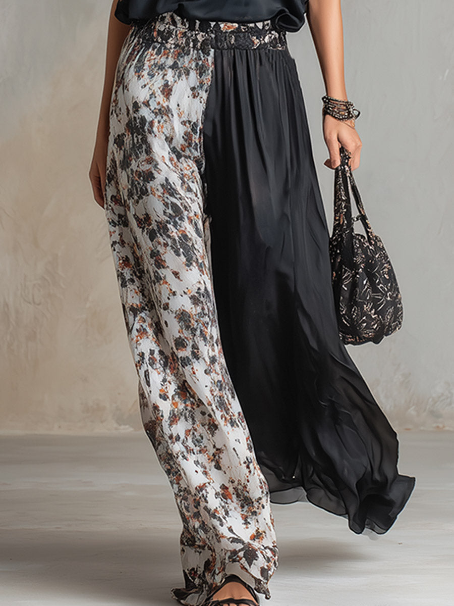 Chic Urban Black Chiffon T-Shirt & Contrast-Print Wide-Leg Trousers Set