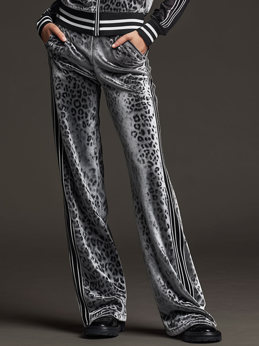Sporty Retro Striped Mesh Sleeve Grey Leopard Print Velvet Sweatshirt And Pants Set