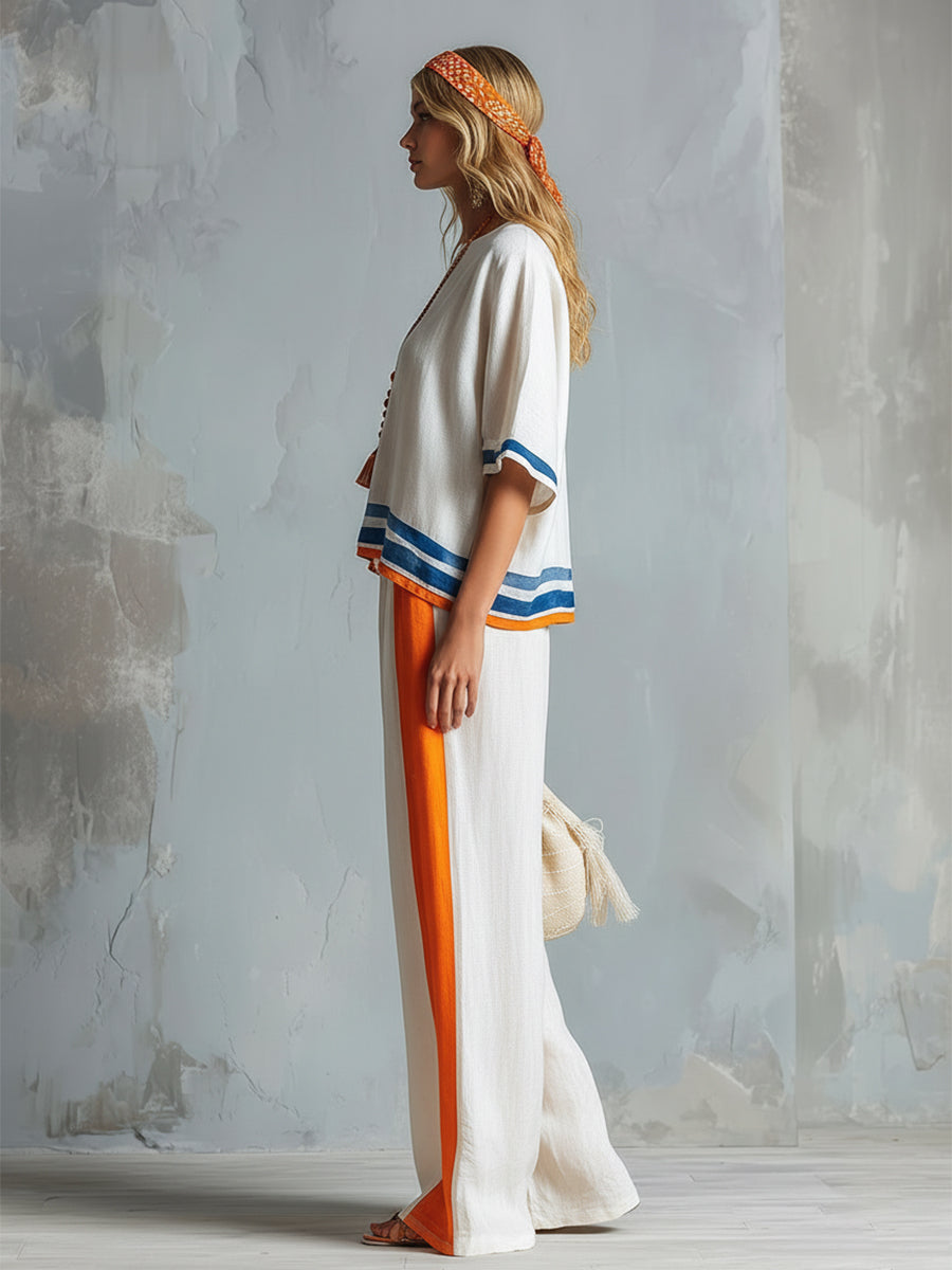 Casual Urban Style Contrast-Trimmed White T-Shirt & Wide-Leg Trousers Cotton-Linen Set