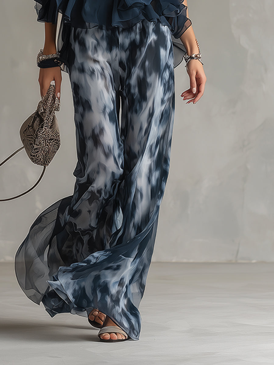 Elegant Urban Navy Blue Halter Neck Top and Printed Wide-leg Pants Chiffon Set