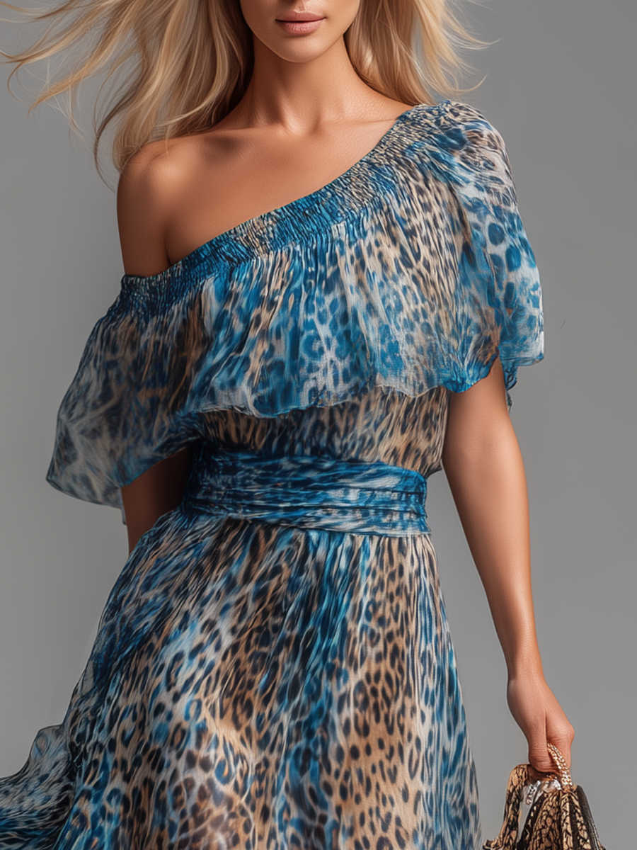 Stylish and Elegant Off-the-Shoulder Short-Sleeved Leopard Print Chiffon Maxi Dress