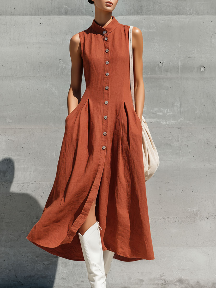 Casual Retro Brick Red Linen Sleeveless Cardigan Midi Dress