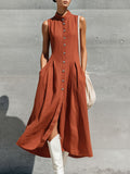 Casual Retro Brick Red Linen Sleeveless Cardigan Midi Dress