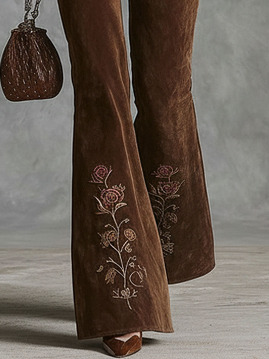Western-style Floral Embroidered Pocket Flared Trousers