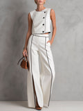 Stylish and Casual White Cotton Top with Black Trim and Split-leg Wide-leg Pants Set