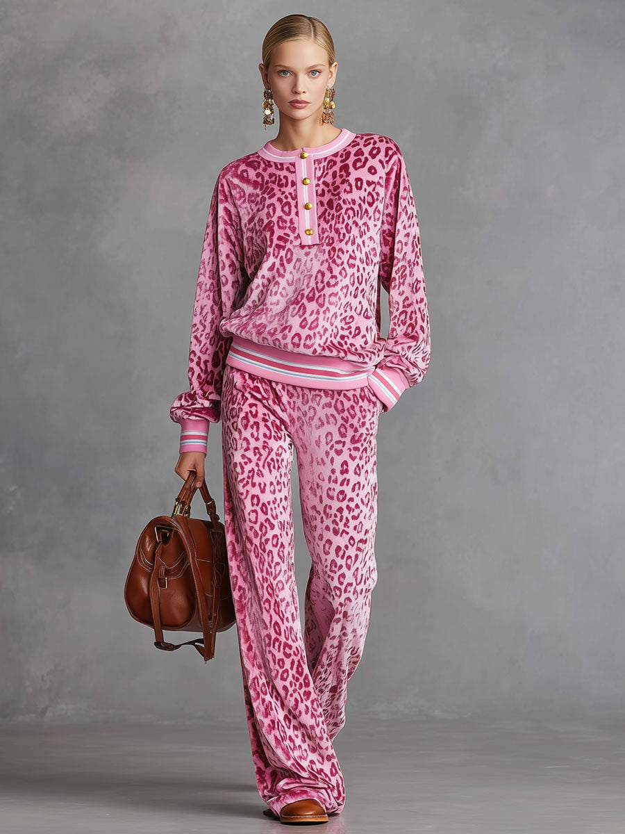 Casual Sporty Retro Pink Velvet Leopard Print Sweatshirt and Wide-Leg Trousers Set