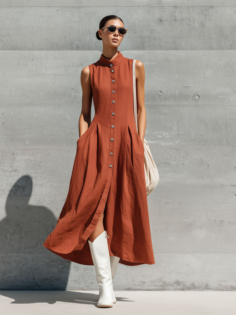 Casual Retro Brick Red Linen Sleeveless Cardigan Midi Dress