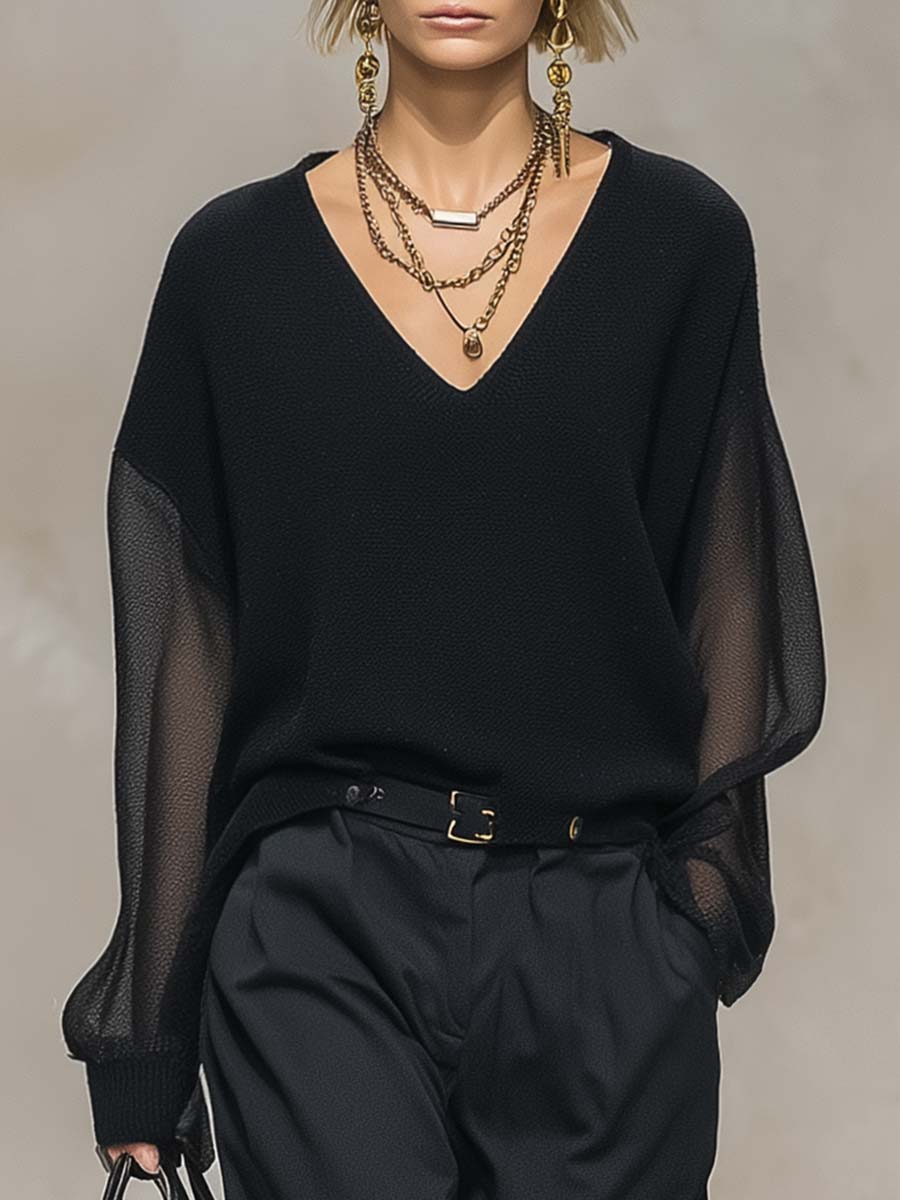 Breathable and Casual Comfortable V-neck Transparent Long-sleeved Black Knitted Blouse Top