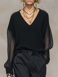 Breathable and Casual Comfortable V-neck Transparent Long-sleeved Black Knitted Blouse Top