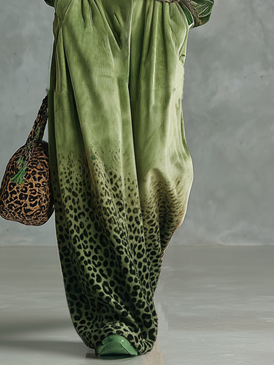 Trendy Retro Sporty Green Velvet Top And Leopard Print Wide-leg Trousers Set